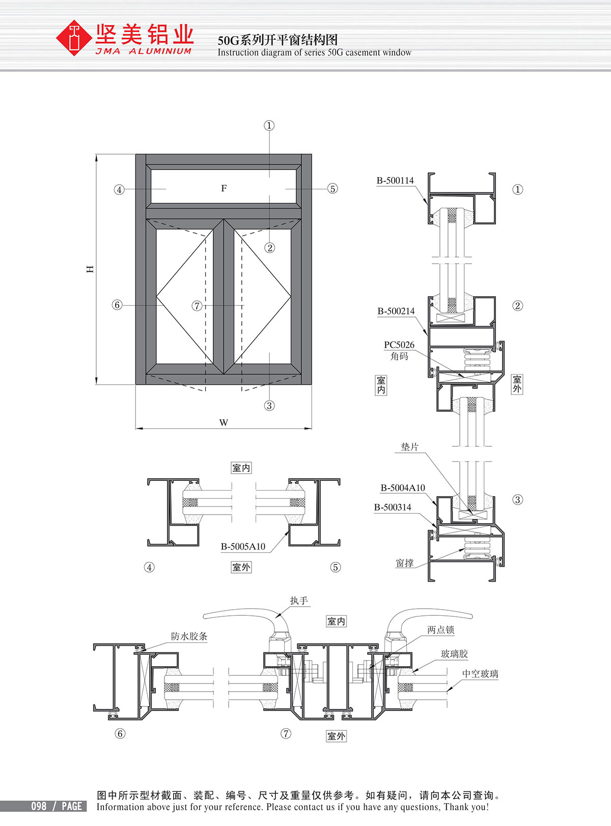 Schéma de structure de la fenêtre à battant de la série 50G