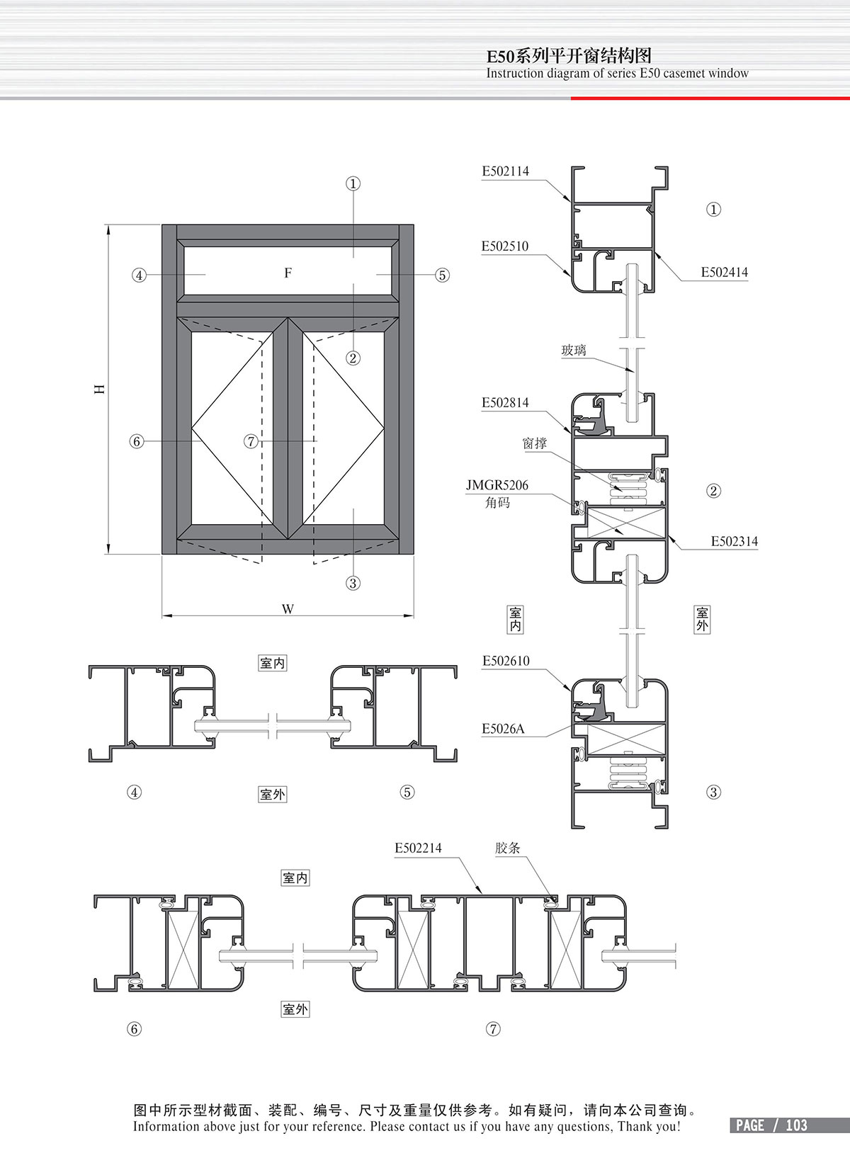 Schéma de structure de la fenêtre à battant de la série E50